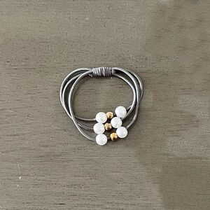 Gray White Pearl & Gold Bead Triple Elastic Bracelet Hair Tie More Colors Avail